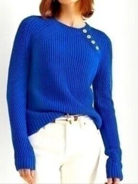 Lauren Ralph Lauren Royal Blue Ribbed Crewneck Sweater with Button Detail